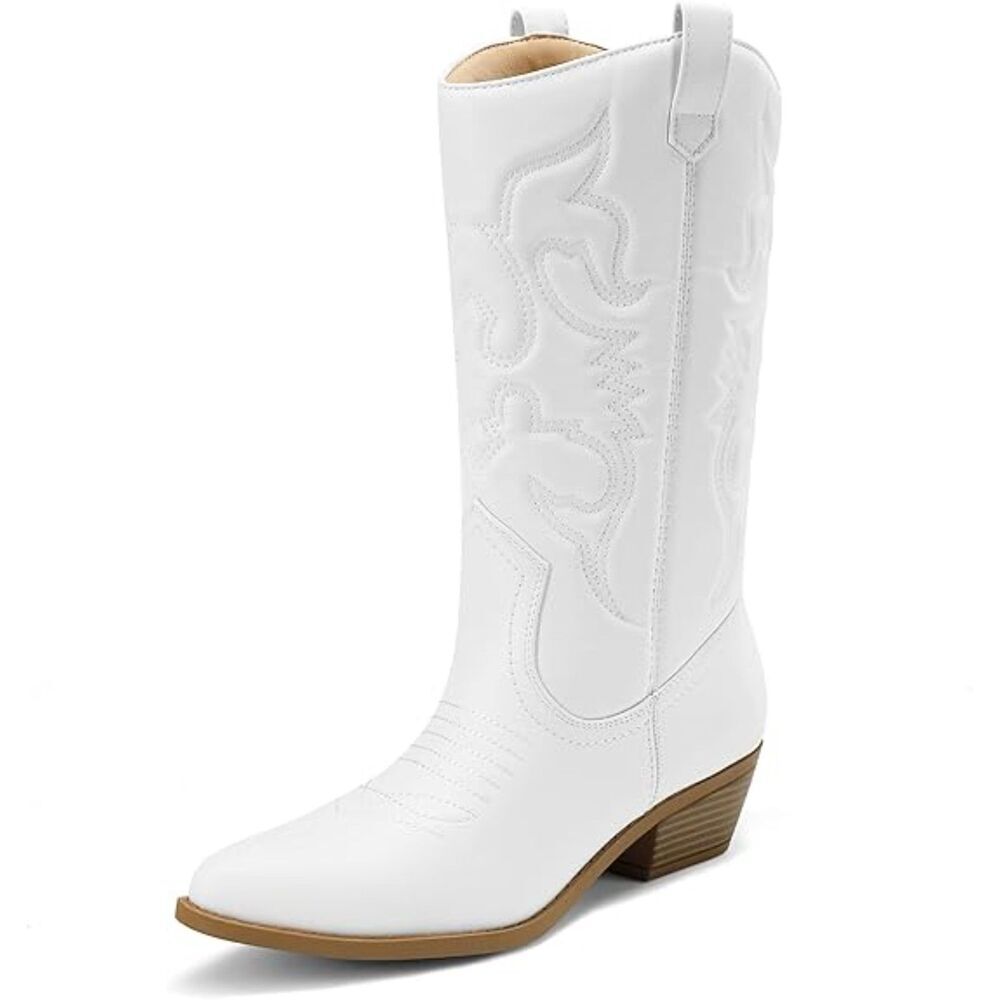 Women White Pointed Toe Faux Leather Mid-Calf Classic Comfort Casual Boots